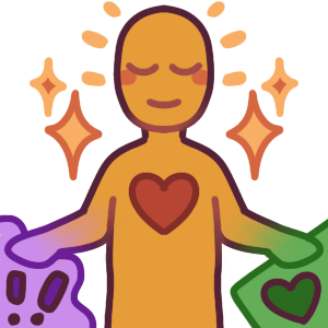  a person with a heart on their chest and a calm expression. there are little stars/sparkles around them, and small emphasis marks. the colors purple and green fade up their arms. they’re placing both hands on a purple blov with exclamation marks on it and a green square with a heart on it